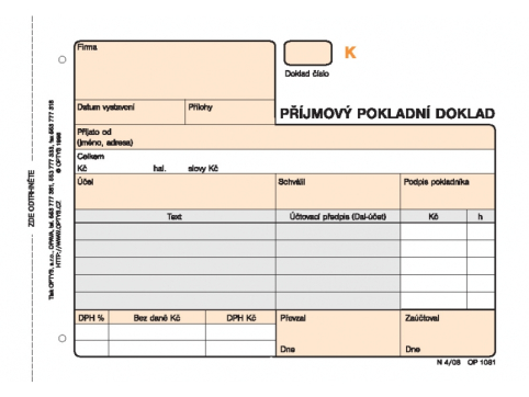 Příjmový pokladní doklad Optys A6 NCR (2x50 listů) čísl., č.1081