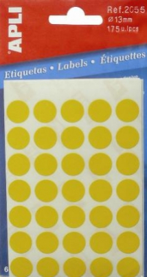 Malé samolepící etikety žluté Apli kulaté, průměr 13mm, 5listů, 175ks