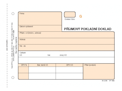 Příjmový pokladní doklad Optys A6 NCR (3x25 listů) čísl., č.1082